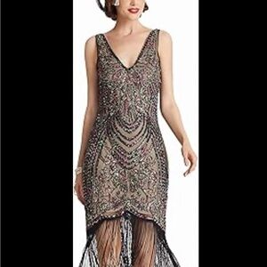 Beaded Black Fringe V-Neck Evening Dress